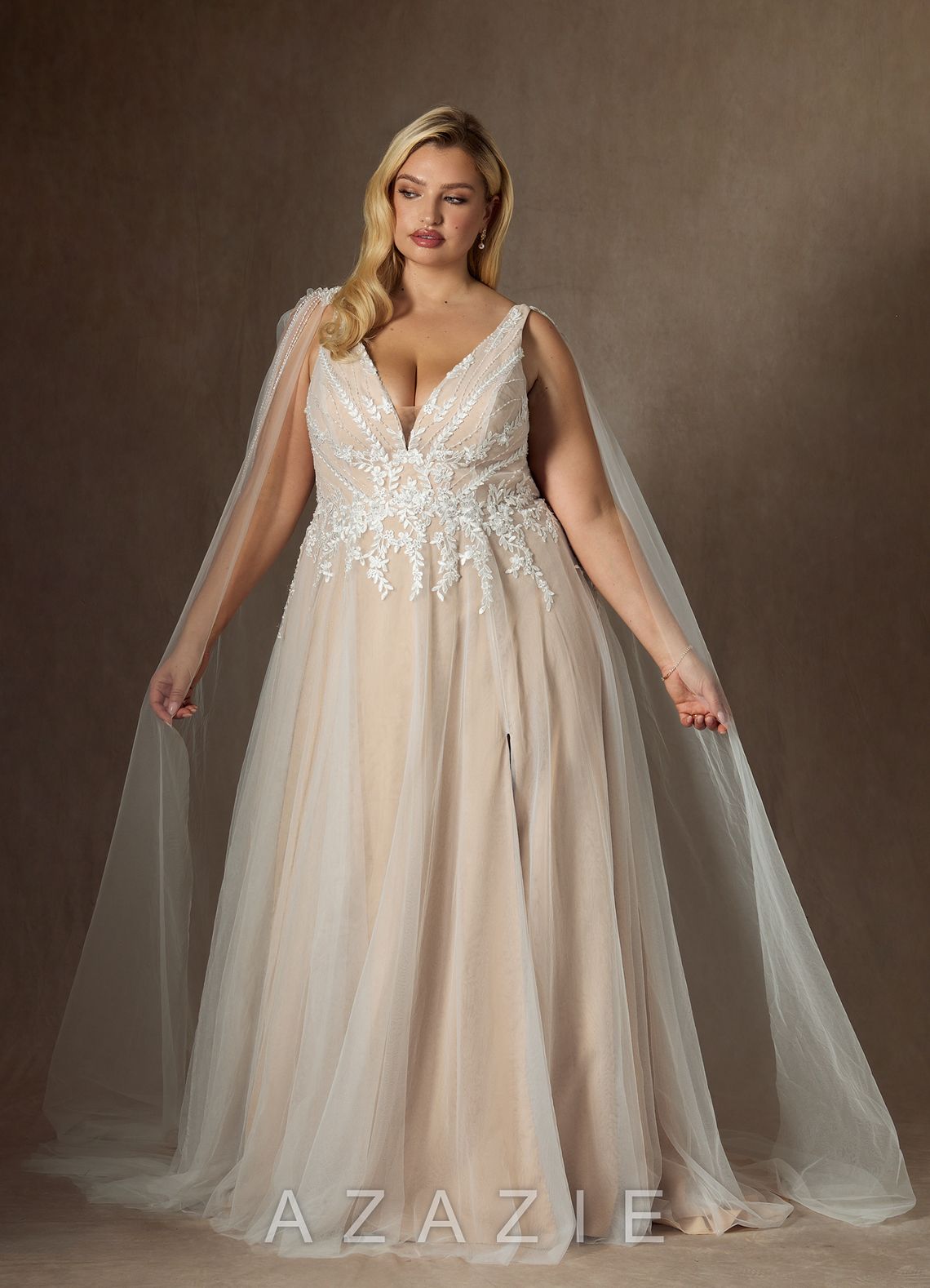 Azazie Goddess Wedding Dress Diamond White Champagne A-Line V-Neck Sequins Tulle Dress diamond_white/champagne
