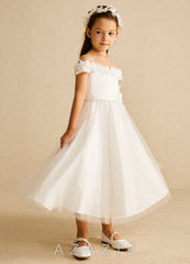Azazie Patsie Ivory A-Line Off the Shoulder Tulle Dress ivory