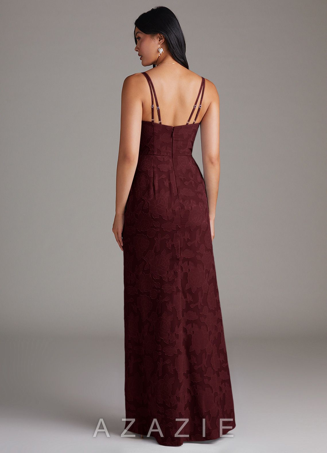 Azazie Leo Cabernet Sheath Pleated Floral Burnout Dress cabernet