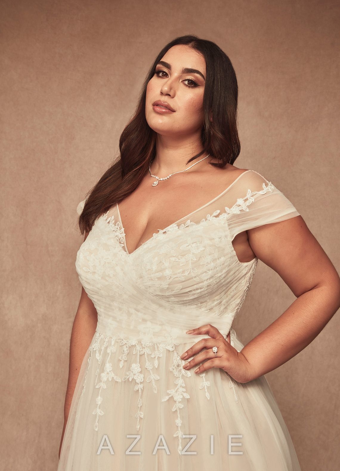 Azazie Bellisima Wedding Dress Diamond White Champagne A-Line V-Neck Tulle Dress diamond_white/champagne
