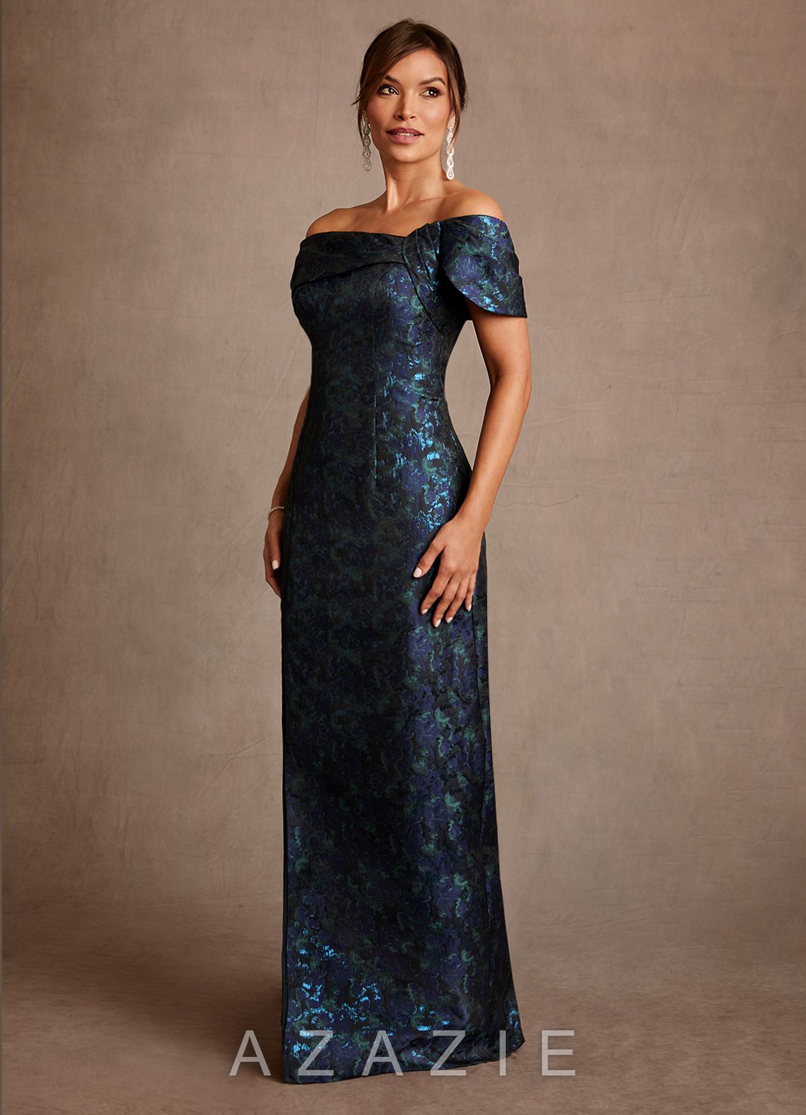 Azazie Zion Dark Navy Sheath Off the Shoulder Floral Jacquard Dress dark_navy