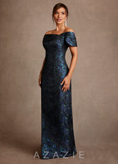 Azazie Zion Dark Navy Sheath Off the Shoulder Floral Jacquard Dress dark_navy