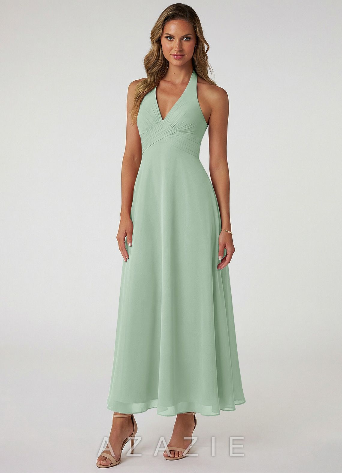 Azazie Tessie Agave A-Line Pleated Chiffon Dress