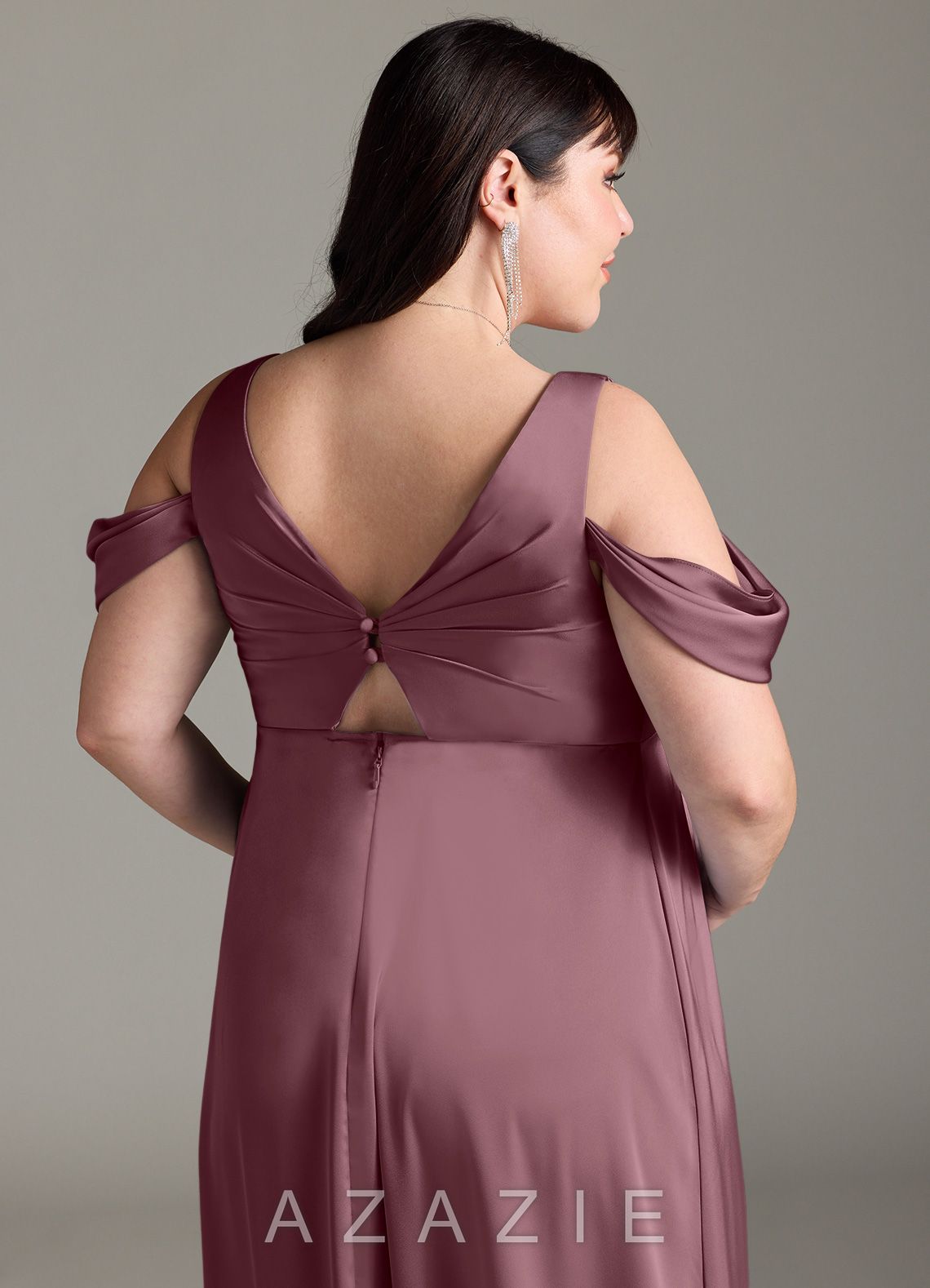 Azazie Rhea Stretch Satin Dress A-Line Off-The-Shouler Pleated Stretch Satin Floor-Length Dress amethyst