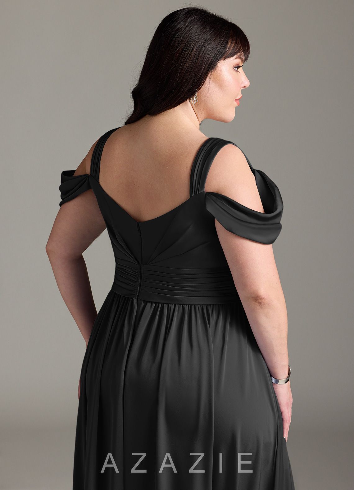 Azazie Lianne Black A-Line Off the Shoulder Stretch Satin Dress black