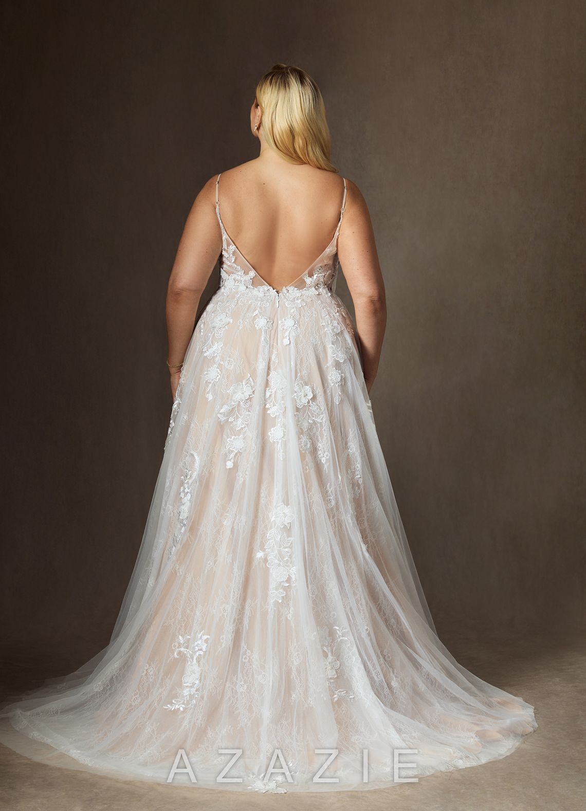 Azazie Monda Wedding Dress Diamond White Champagne A-Line Lace Tulle Dress