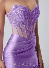 Muriel Purple Strapless Floral Lace Corset Slit Satin Mini Dress