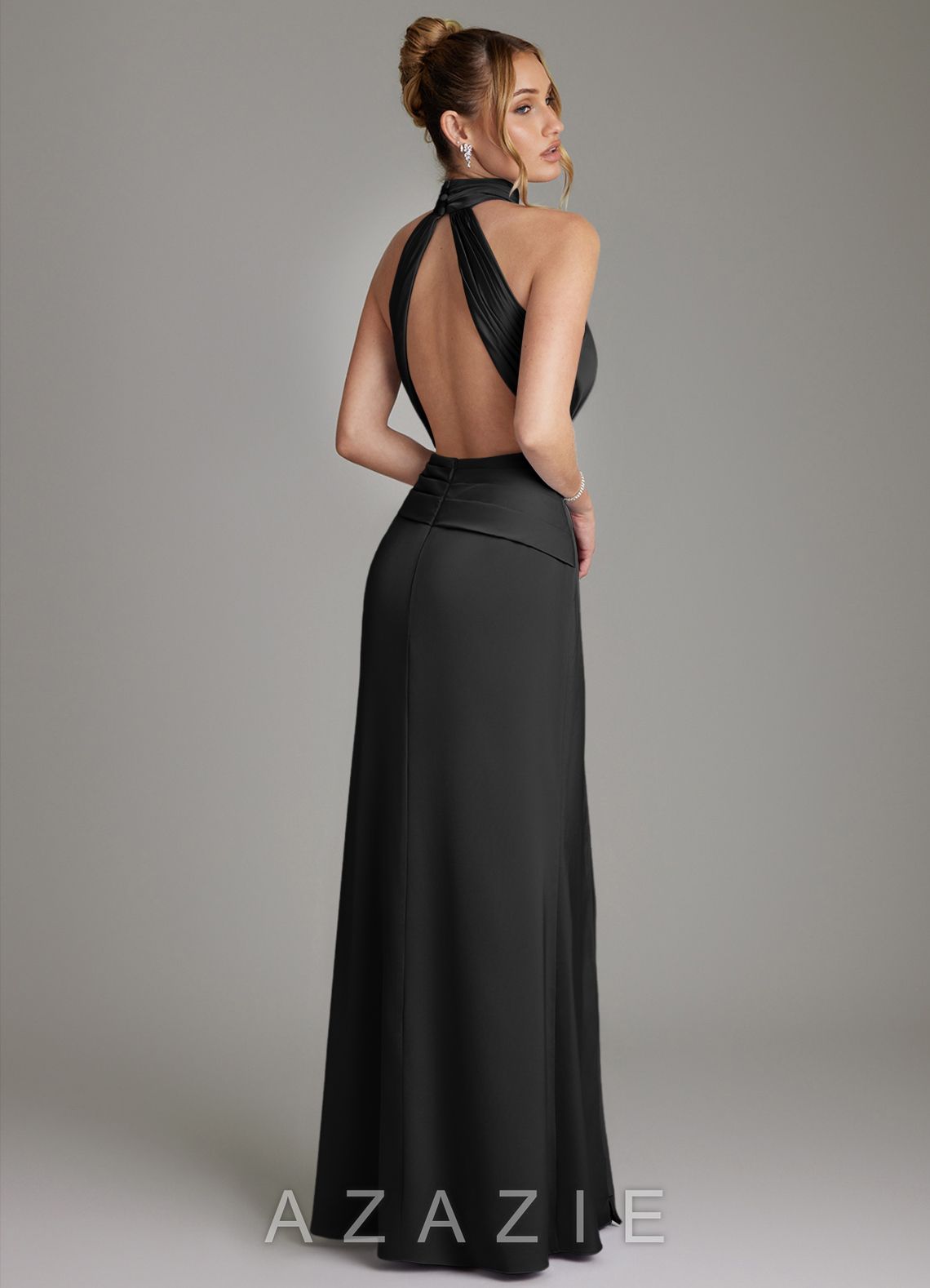 Azazie Gracelynn Black Sheath Pleated Stretch Satin Dress black