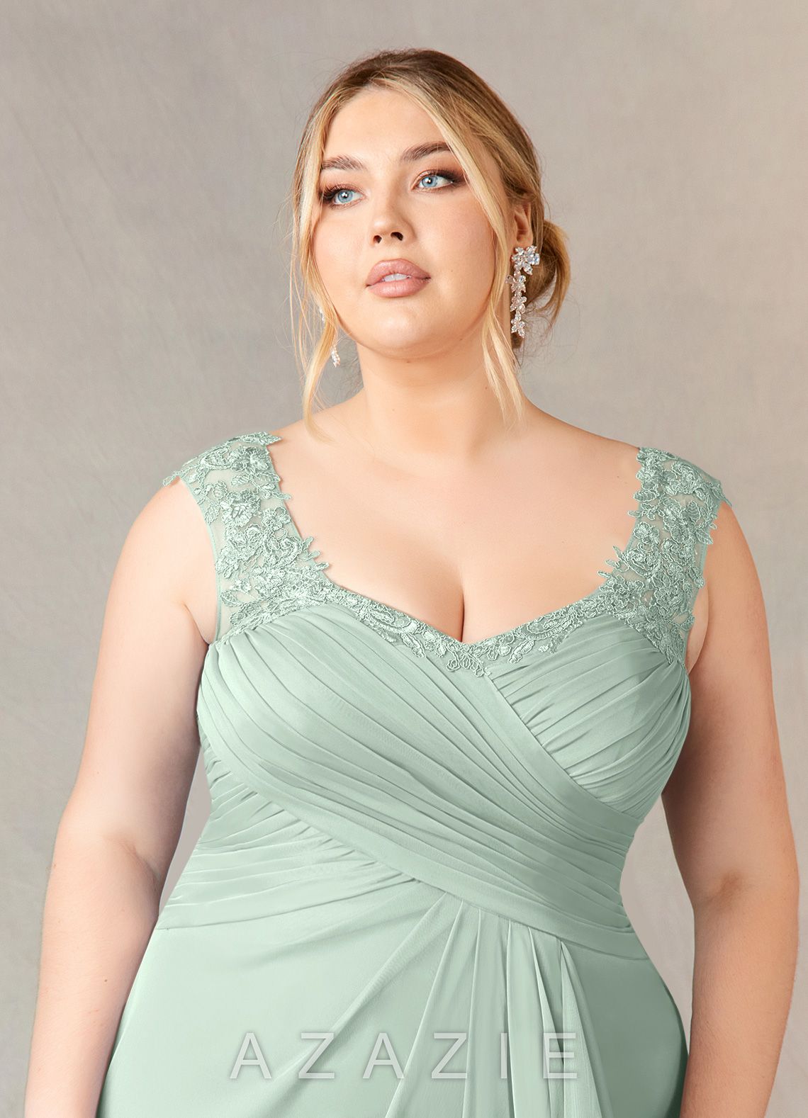 Azazie Edelin Agave A-Line Sweetheart Neckline Pleated Mesh Dress agave