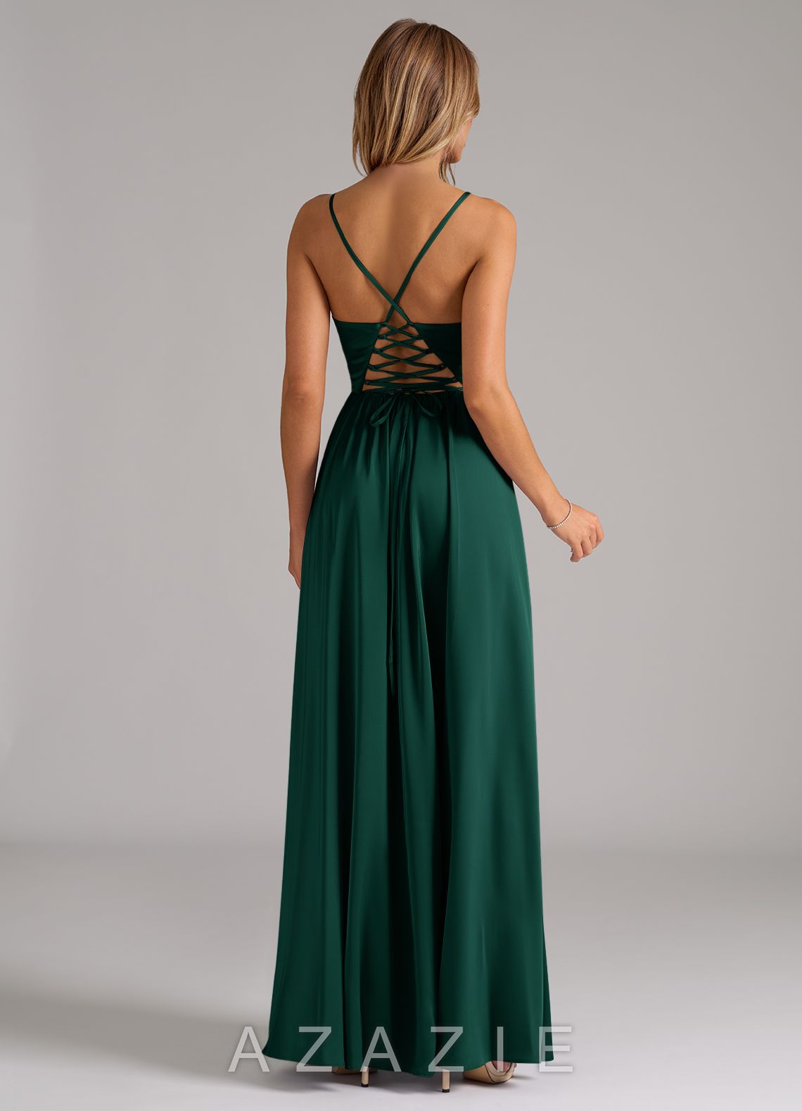 Azazie Aaida Emerald A-Line Corset Stretch Satin Dress emerald