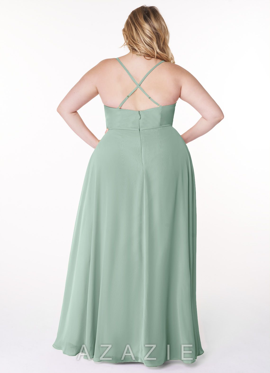 Azazie Naeem Agave A-Line V-Neck Ruffle Chiffon Dress agave