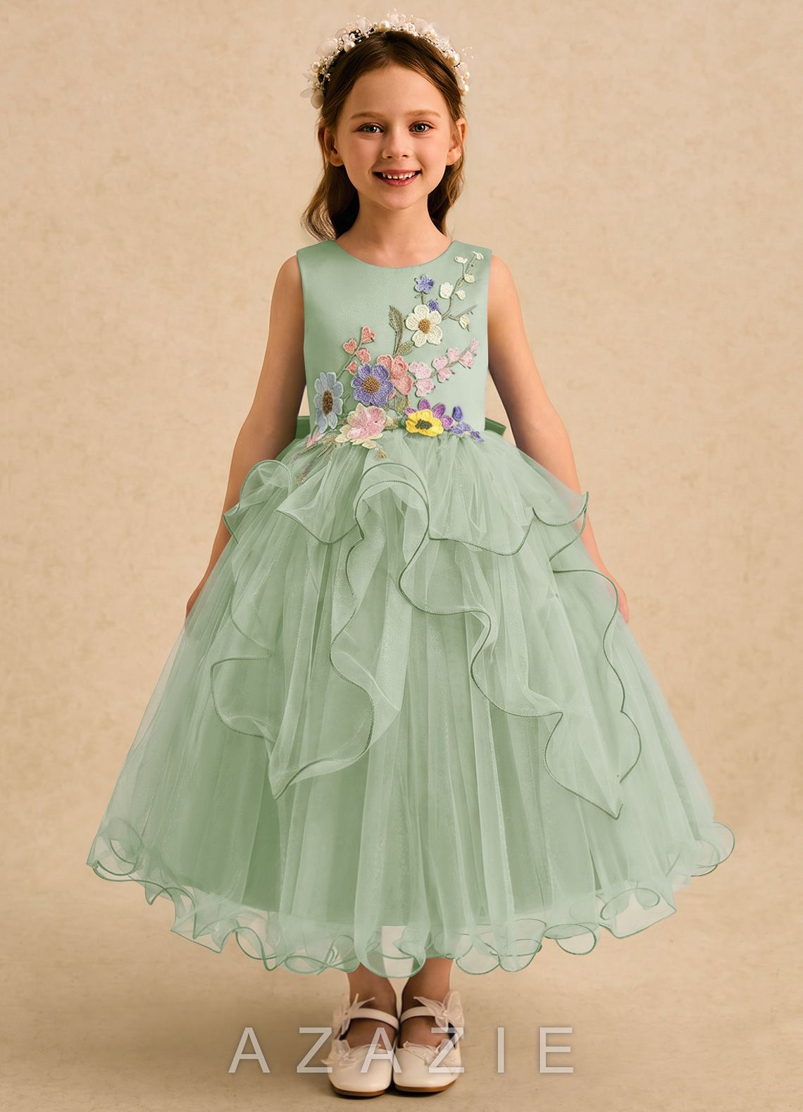 Azazie Savannah Dusty Sage Ball-Gown Lace Tulle Dress dusty_sage