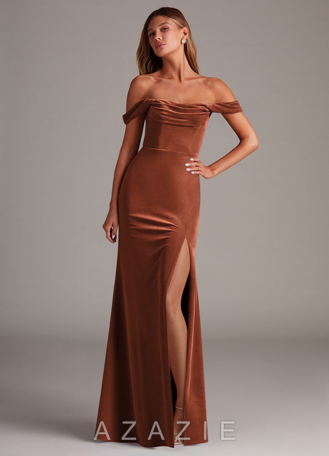 Azazie Saige Terracotta Sheath Off the Shoulder Velvet Convertible Dress