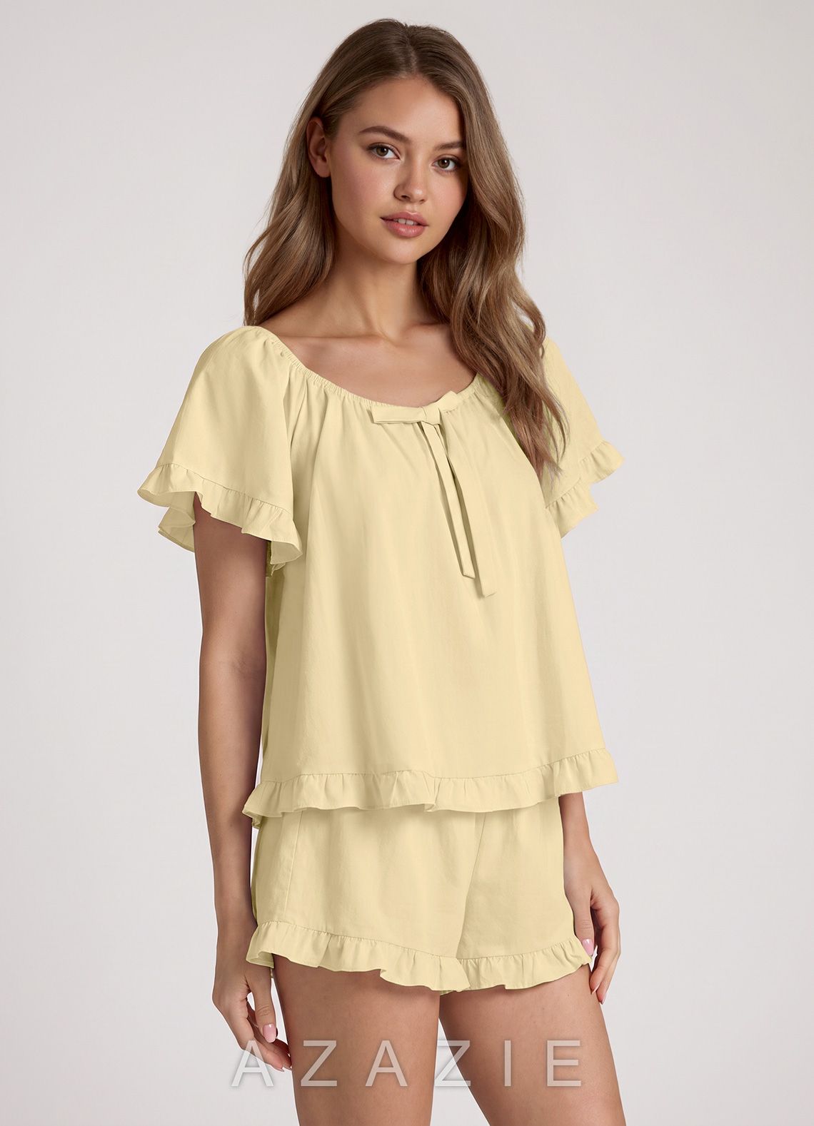 Ruffled Bow Short Sleeve Cotton Pajama Set