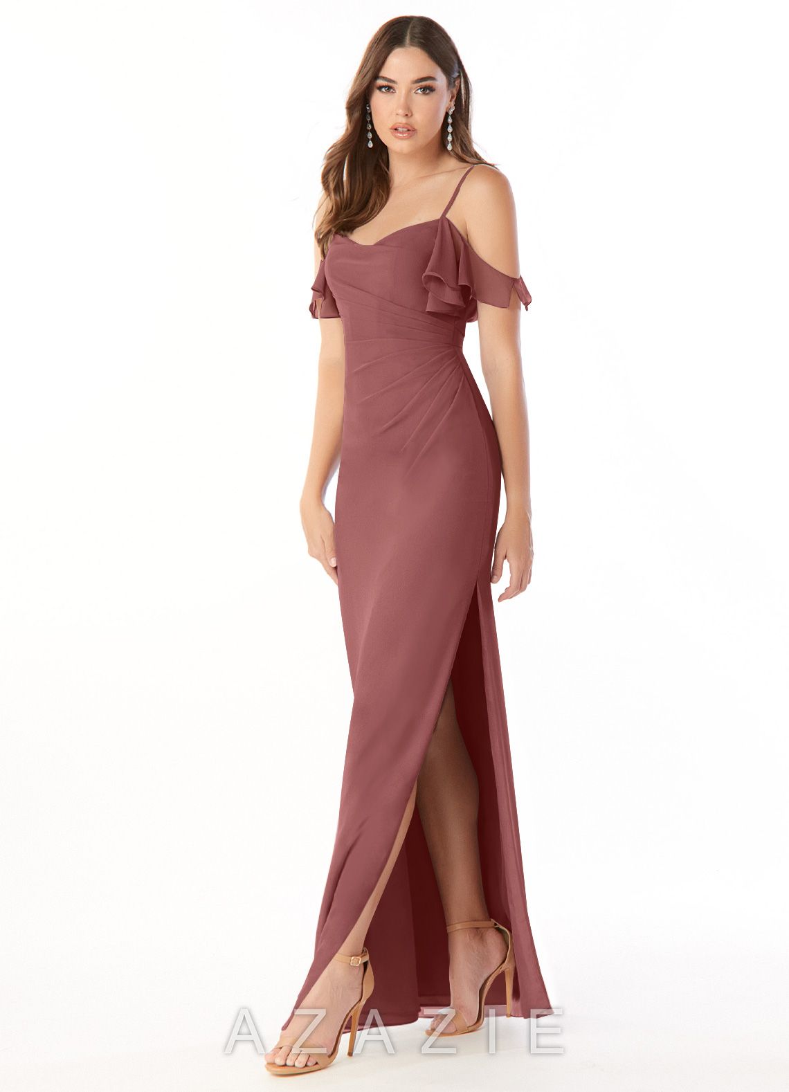 Azazie Emeralda Amethyst Sheath Off the Shoulder Chiffon Dress