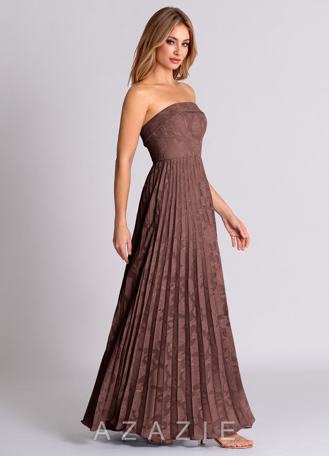 Azazie Mariana Espresso A-Line Strapless Floral Burnout Convertible Dress espresso