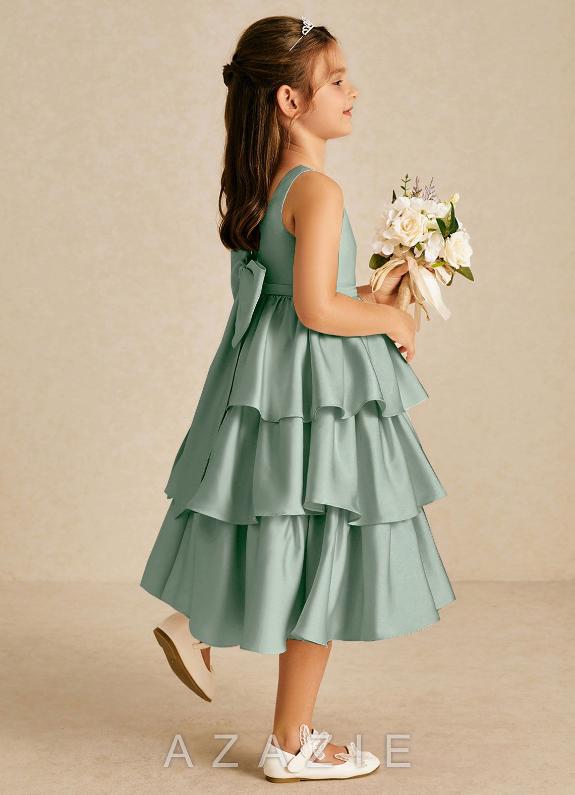 Azazie Margery Agave A-Line Bow Stretch Satin Dress agave