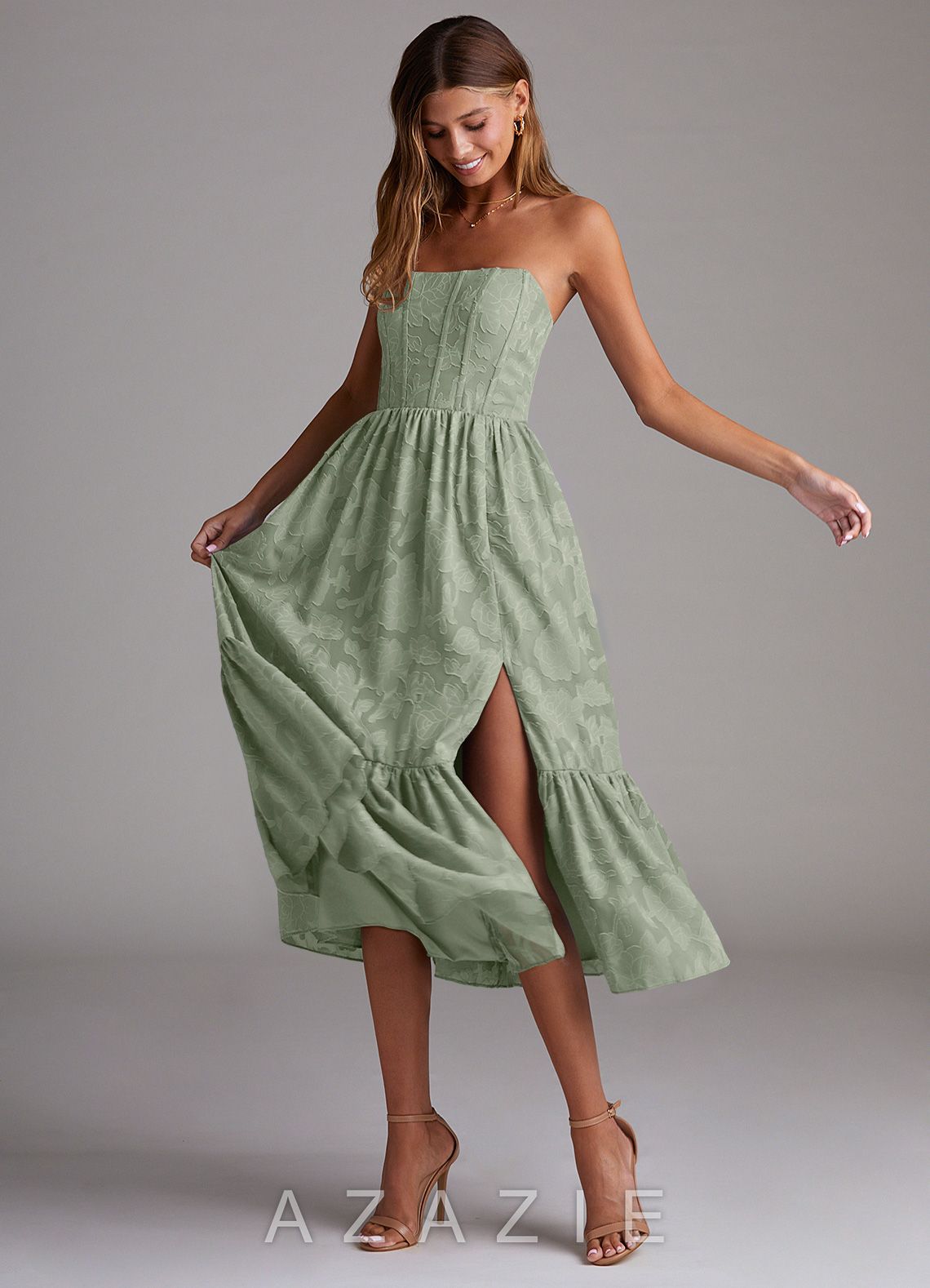 Azazie Delphina Agave A-Line Strapless Floral Burnout Convertible Dress agave