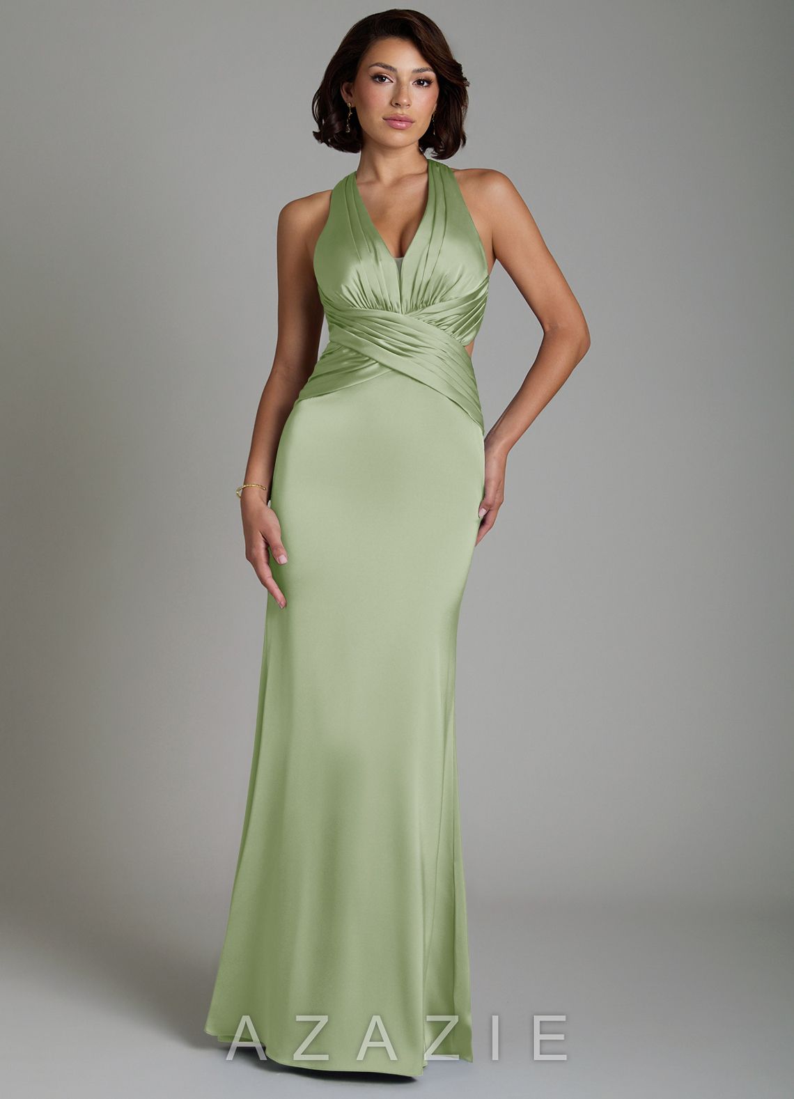 Azazie Maya Dusty Sage Mermaid Pleated Stretch Satin Dress