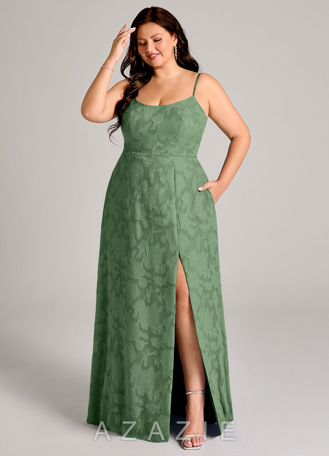 Azazie Moira Eucalyptus A-Line Side Slit Floral Burnout Dress eucalyptus