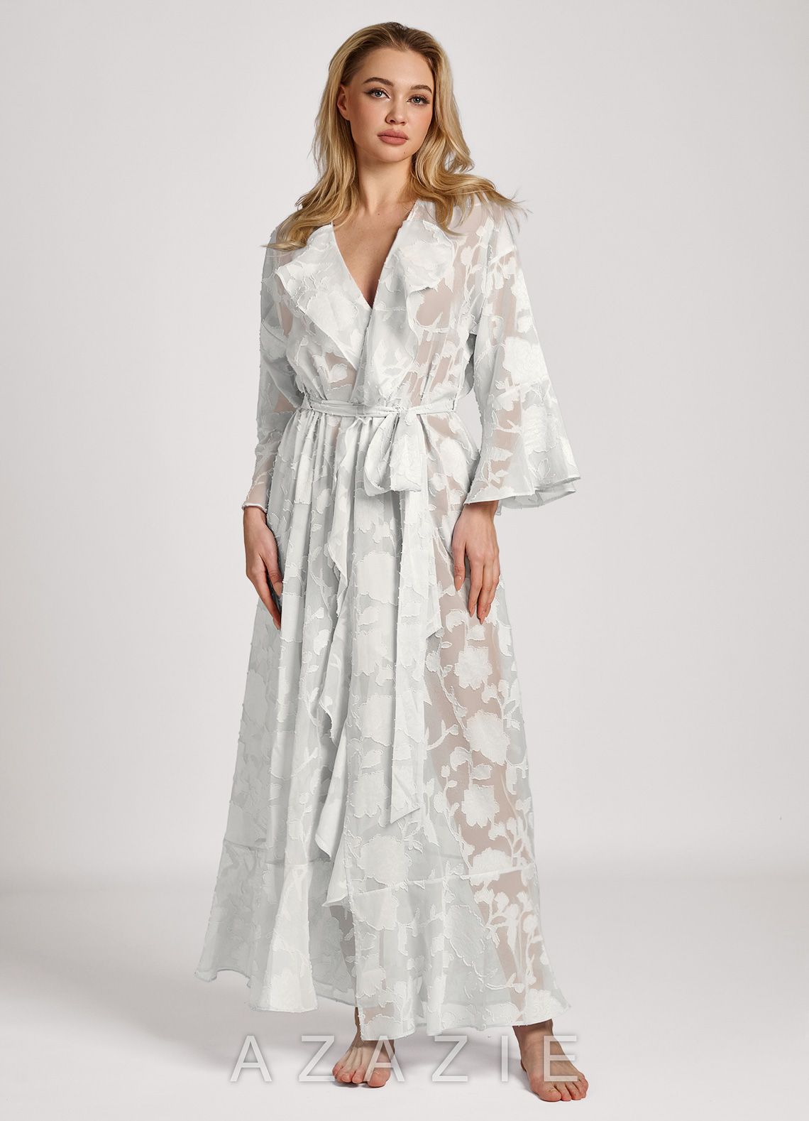 Floral Jacquard Ruffle Long Robe  white