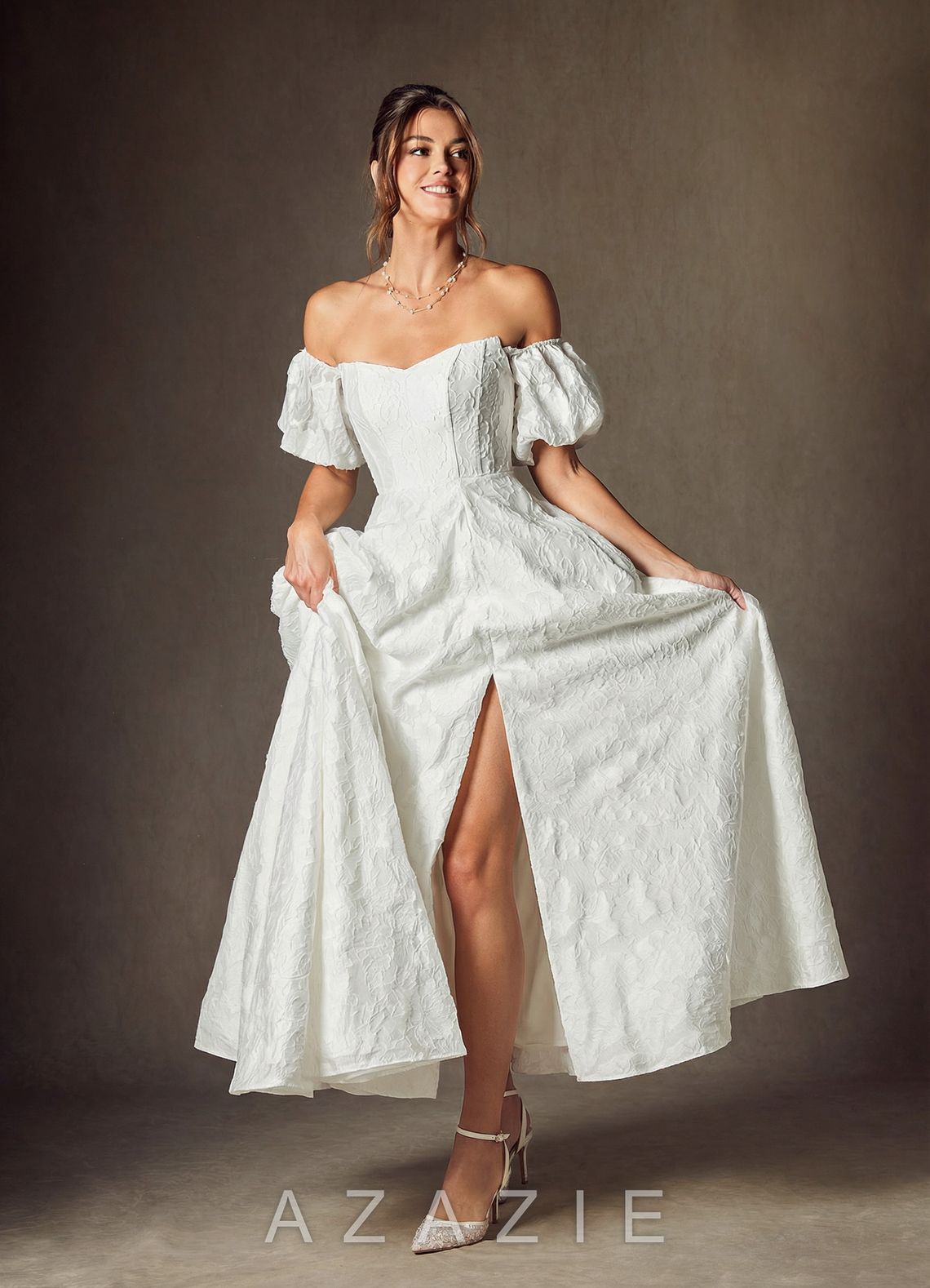 Azazie Clotille Diamond White Ball-Gown Sweetheart Neckline Floral Burnout Jacquard Dress diamond_white