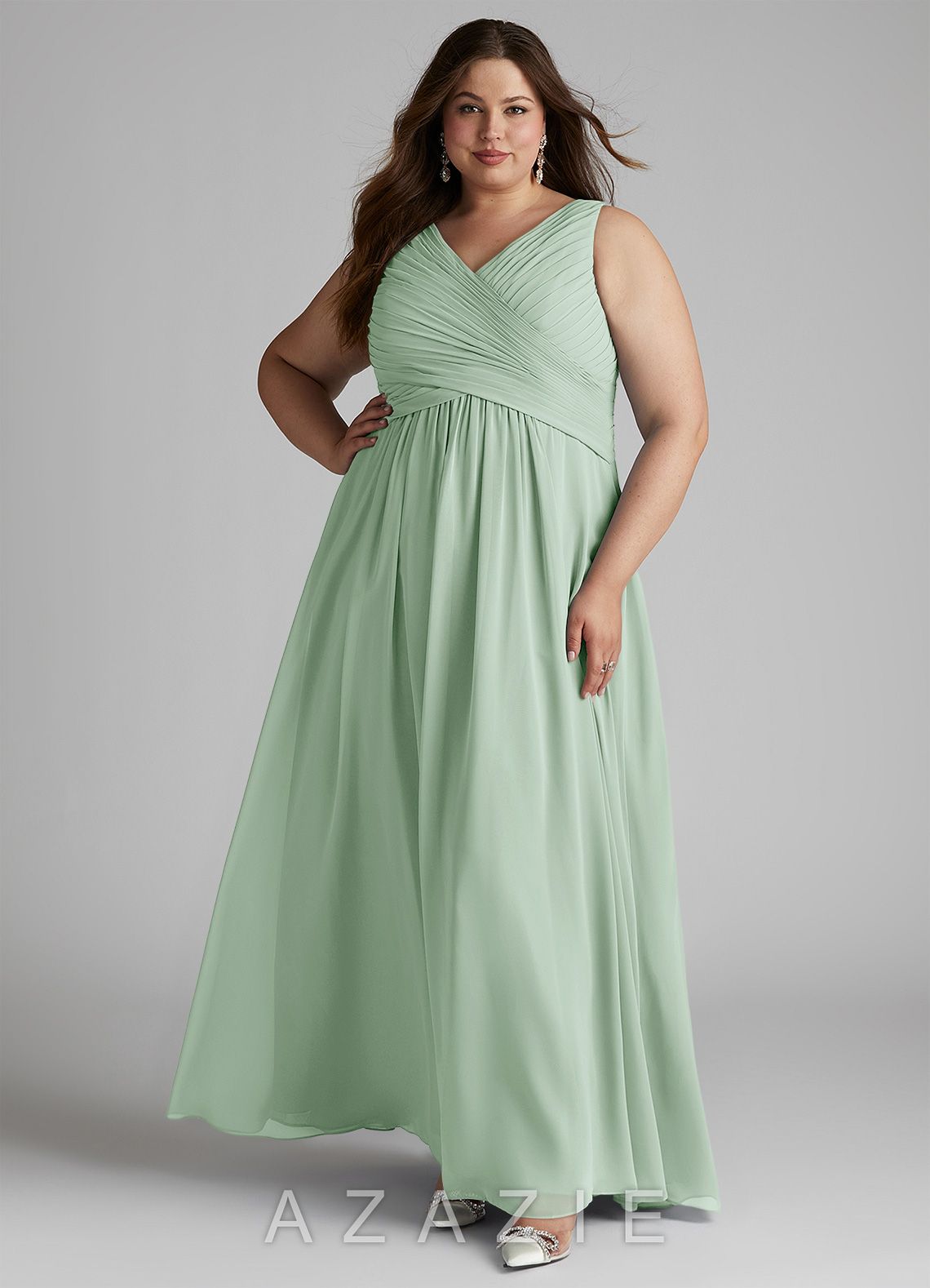 Azazie Flora Agave A-Line Pleated Chiffon Dress agave