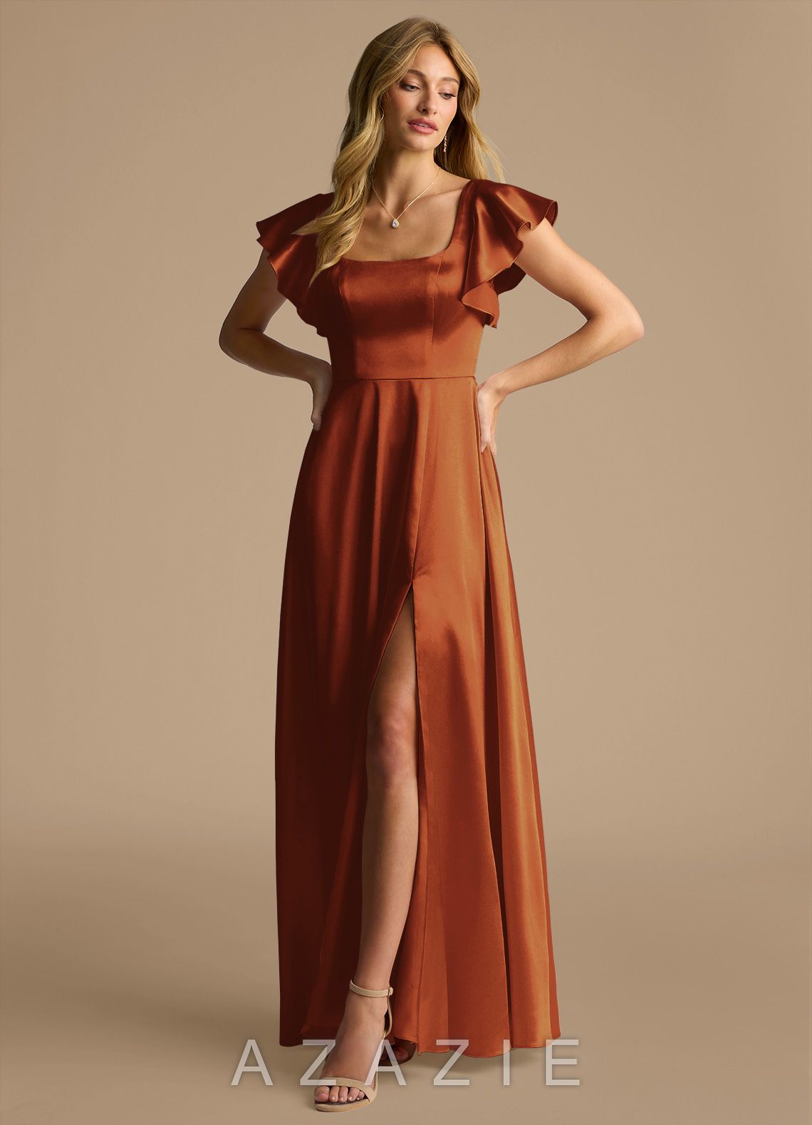 Azazie Bondi Auburn A-Line Bow Metallic Satin Dress auburn