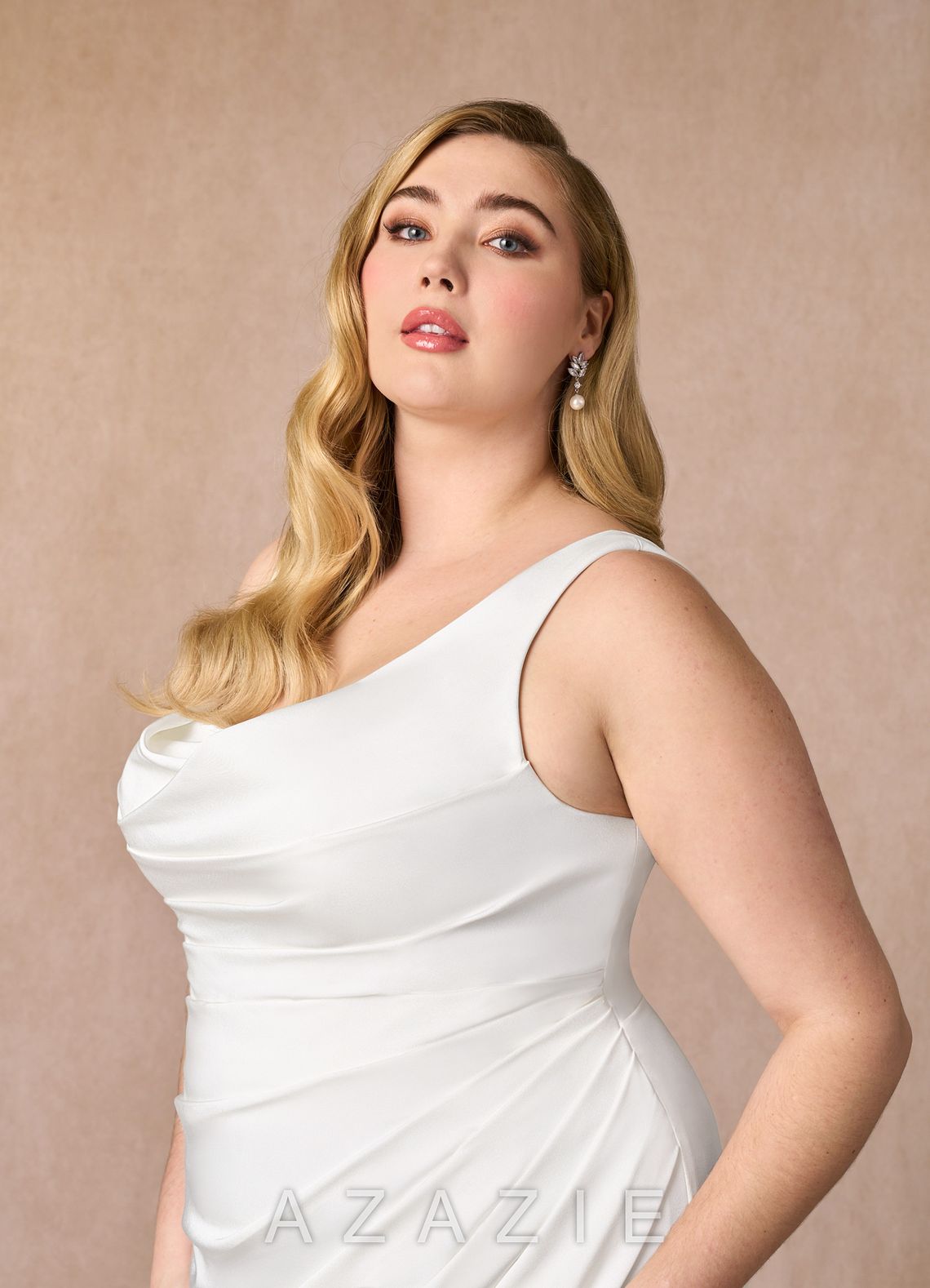 Azazie Daira Wedding Dress Diamond White Mermaid Scoop Pleated Crepe Back Satin Dress diamond_white