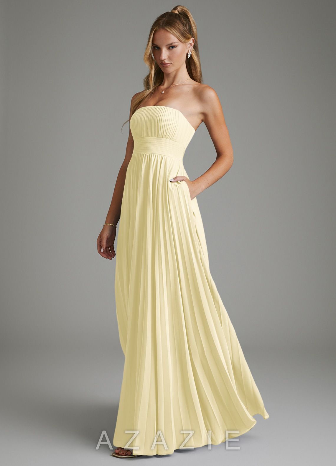 Azazie Ari Lemon Sorbet A-Line Strapless Chiffon Dress lemon_sorbet