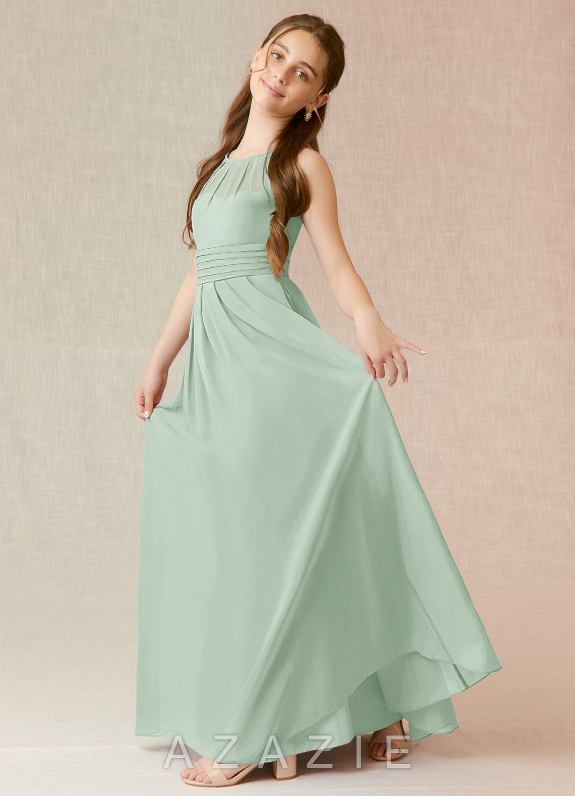 Azazie Bibiane Junior Agave A-Line Pleated Chiffon Dress agave