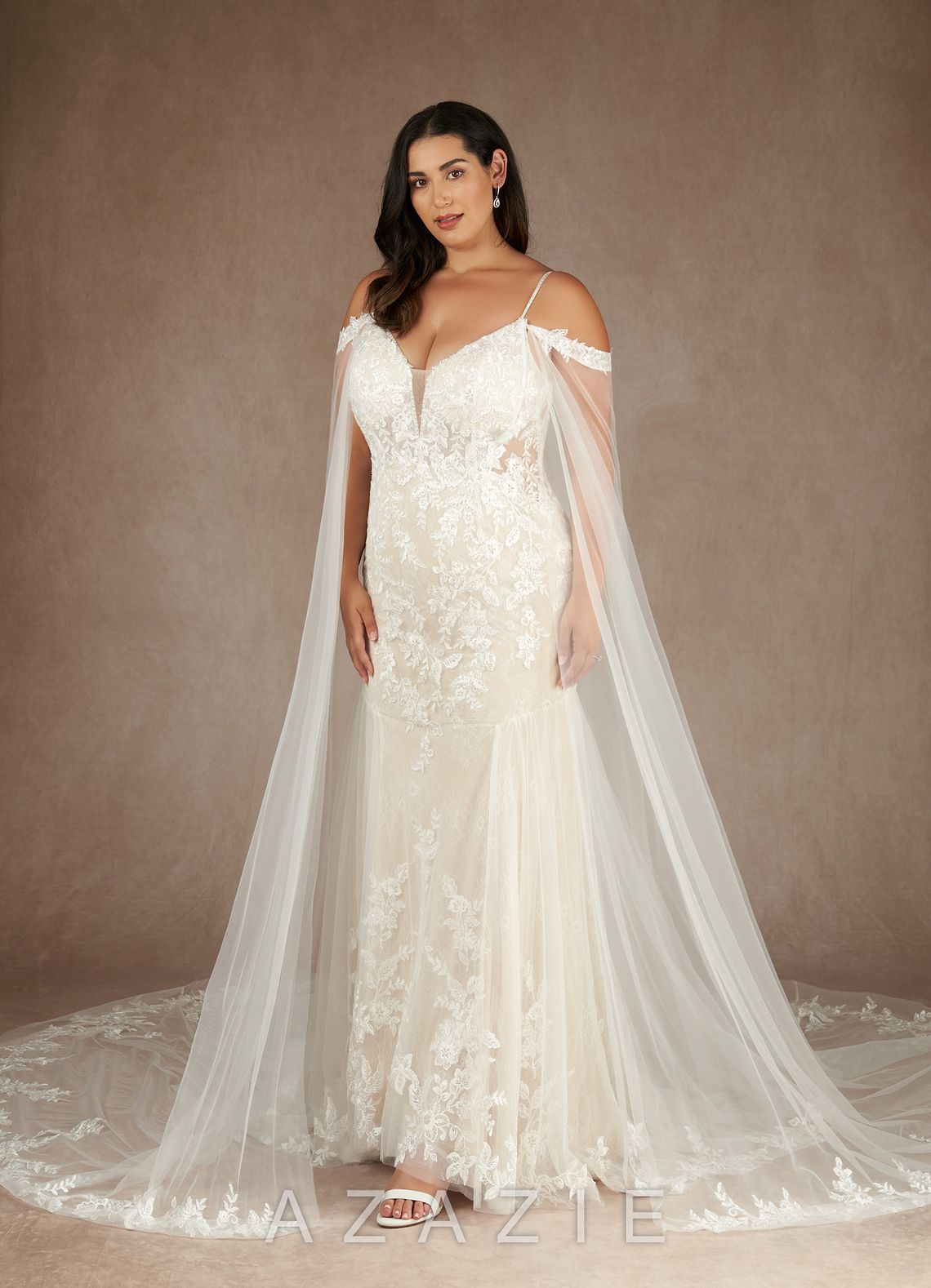 Azazie Leonie Wedding Dress Diamond White Mermaid V-Neck Sequins Tulle Dress diamond_white