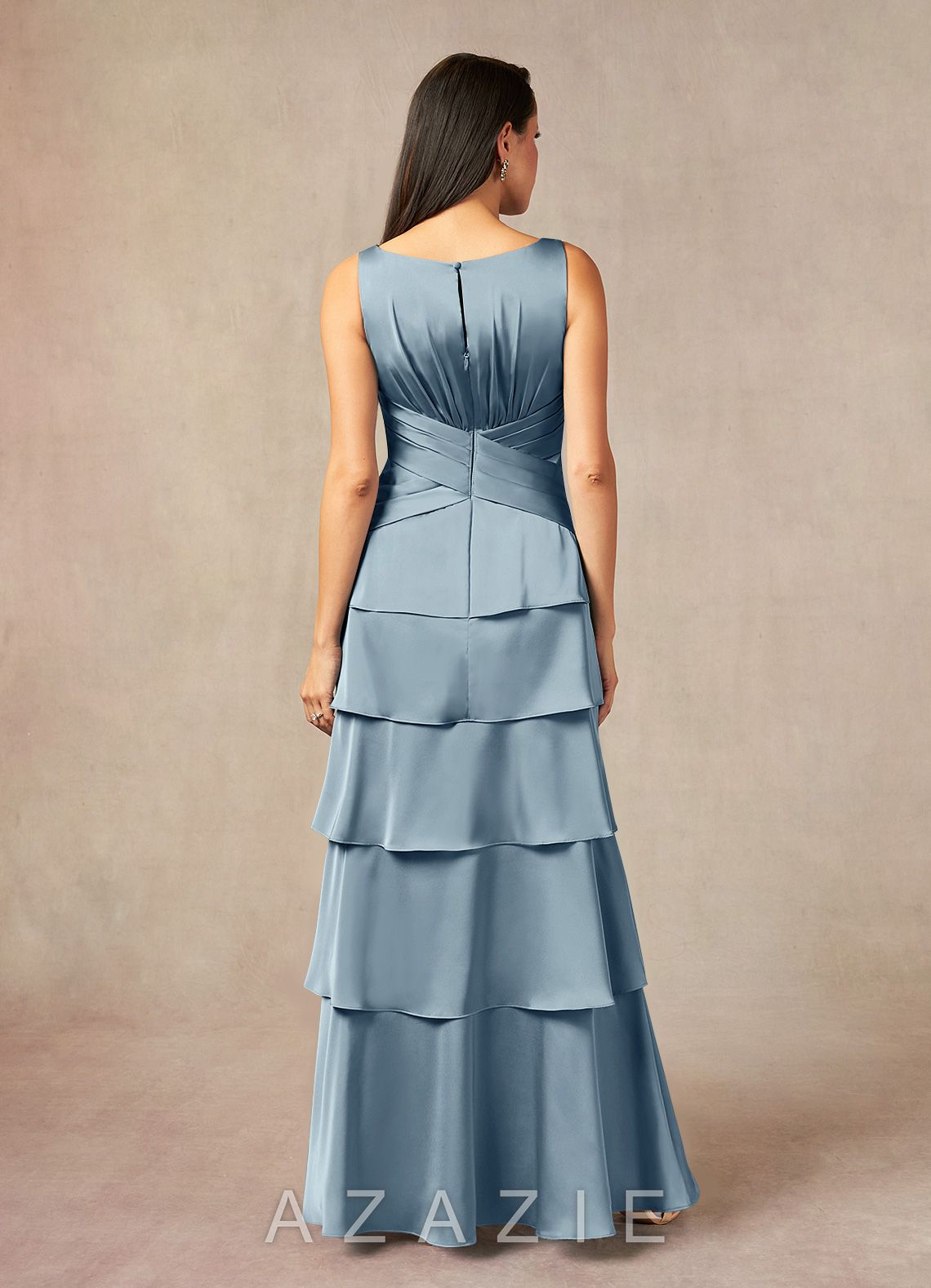 Azazie Viola Dusty Blue A-Line Pleated Stretch Satin Dress dusty_blue