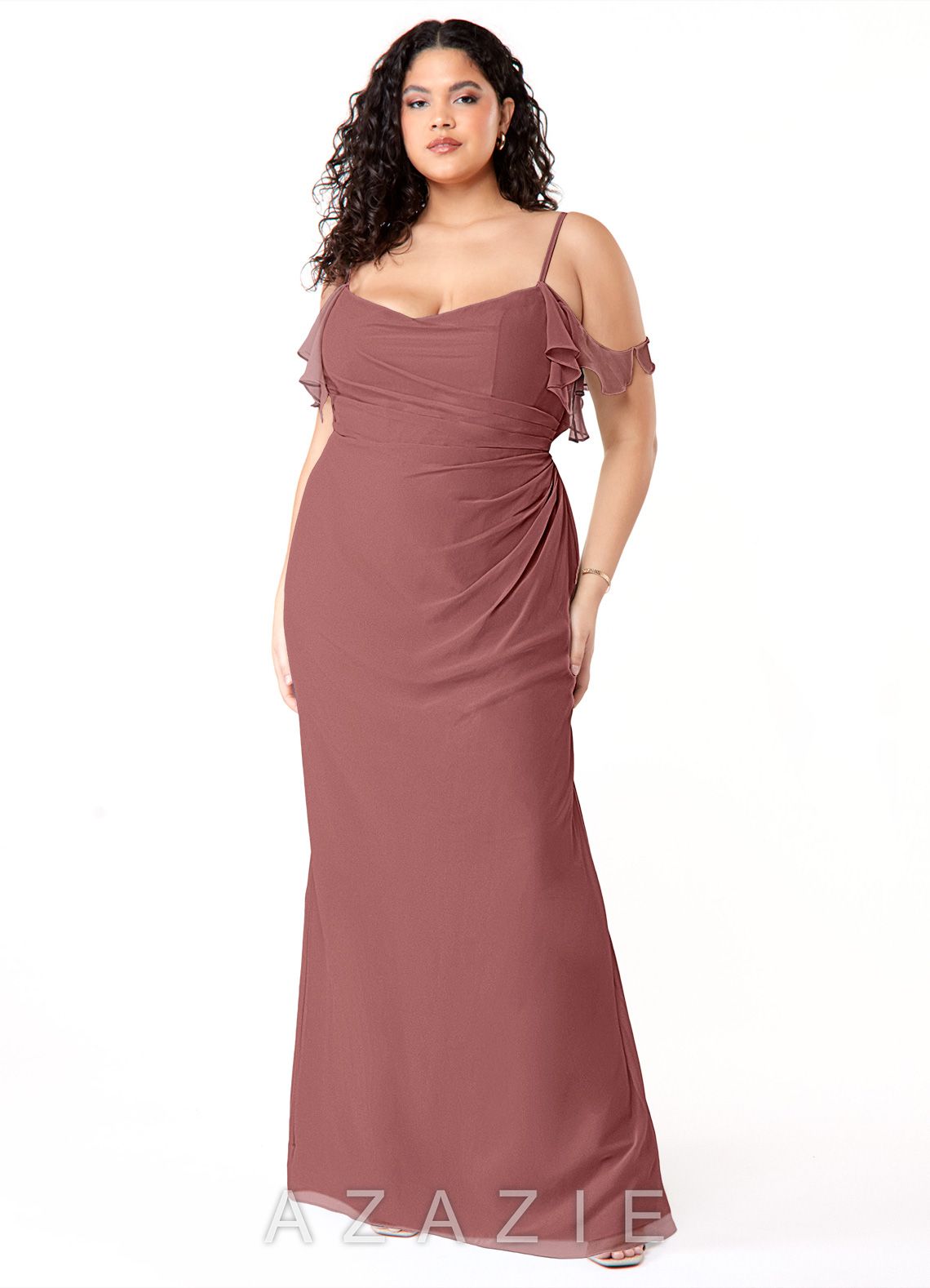 Azazie Emeralda Amethyst Sheath Off the Shoulder Chiffon Dress amethyst