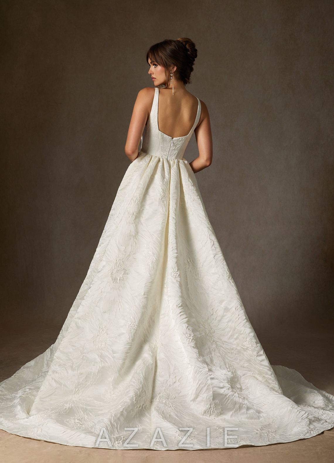 Azazie Skylin Antique White Ball-Gown with Pockets Floral Jacquard Dress antique_white