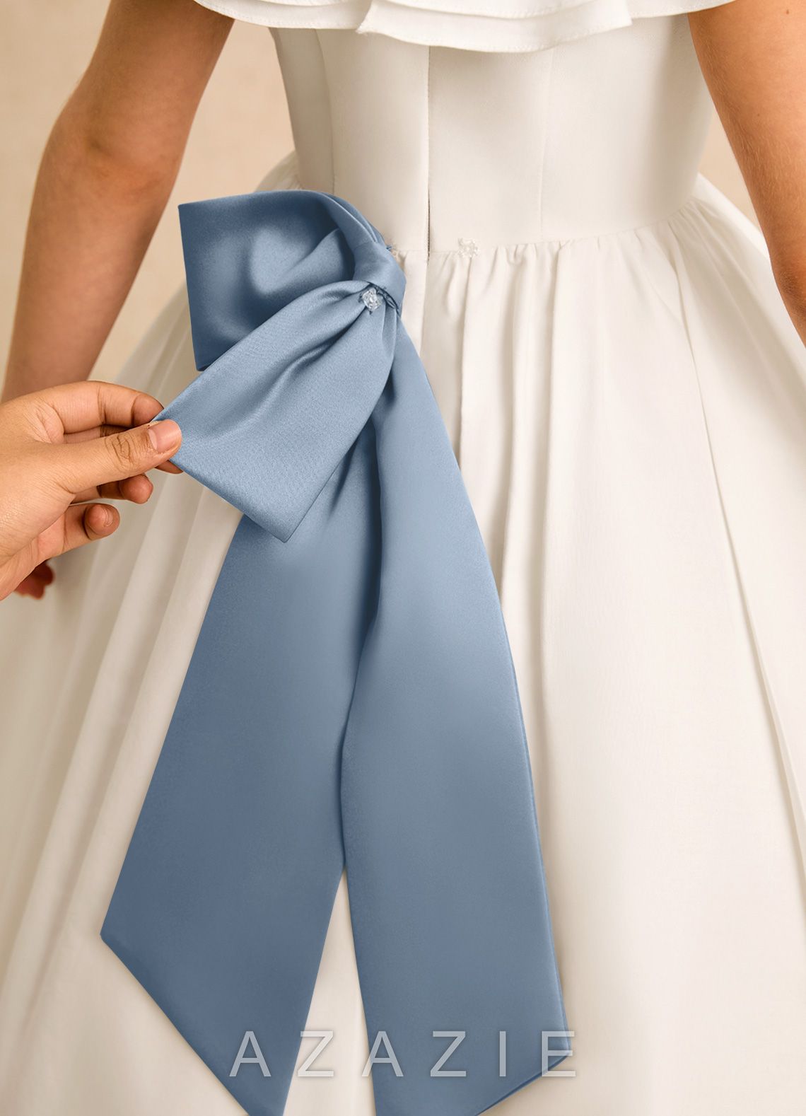 Azazie Clara Ivory Dusty Blue A-Line Bow Cotton Dress ivory/dusty_blue