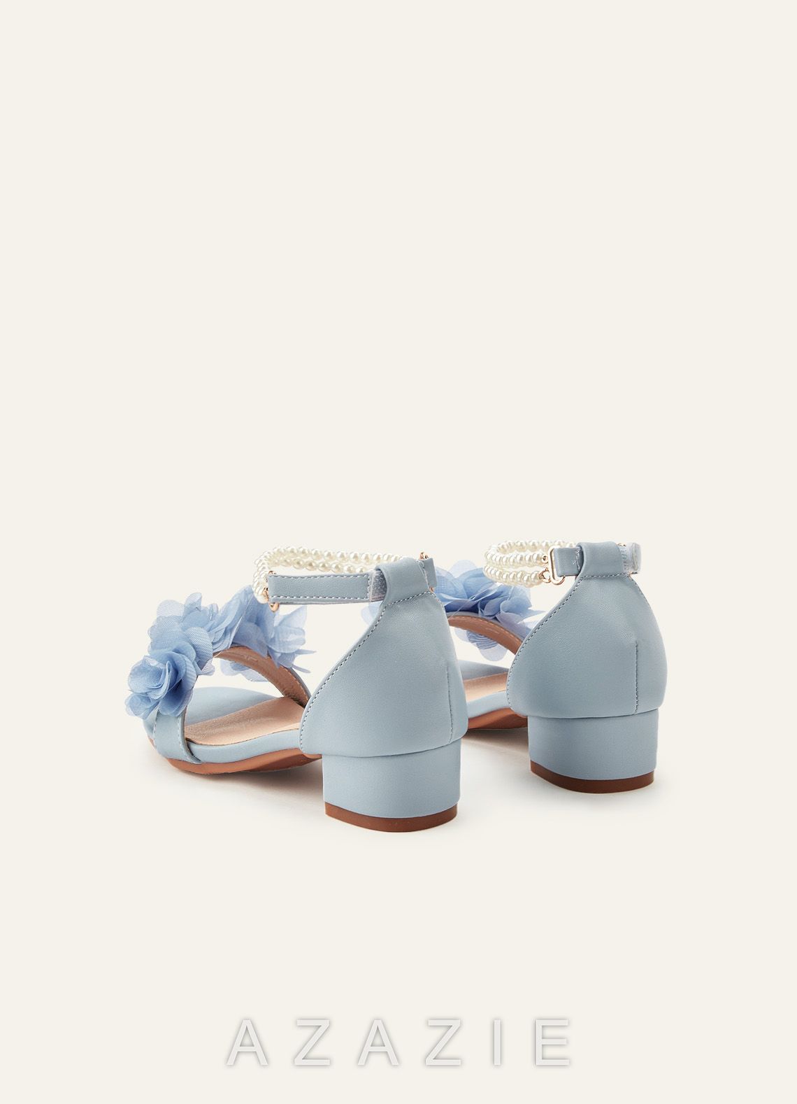 3D Chiffon Floral Pearl Ankle Strap Open Toe Flower Girl's Block Heels for Little & Big Kids  dusty_blue