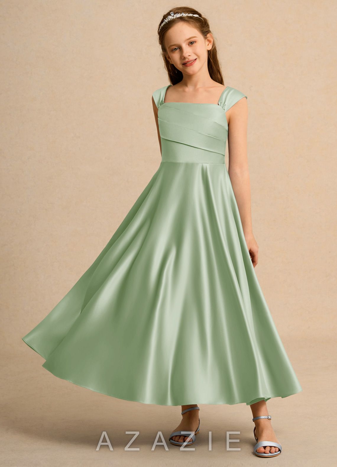 Azazie Bundle Girls Formal Dusty Sage A-Line Pleated Matte Satin Dress dusty_sage