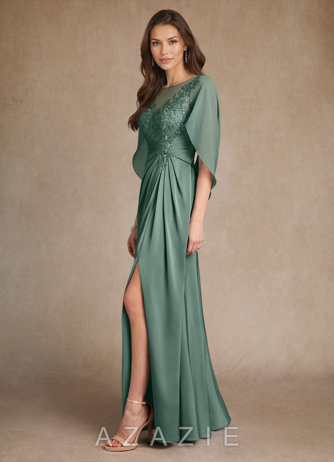 Azazie Hera Eucalyptus A-Line Lace Stretch Satin Dress eucalyptus