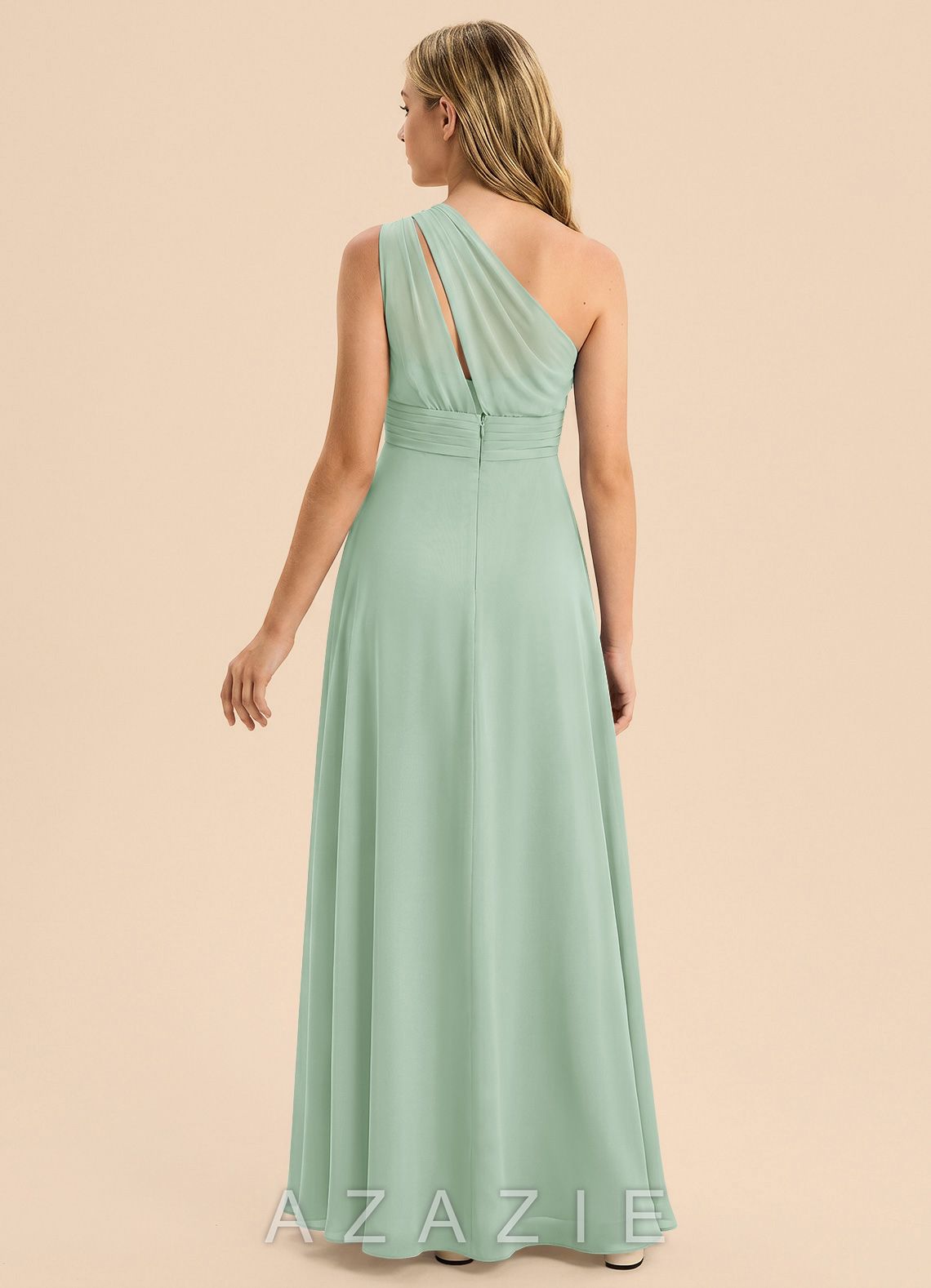 Azazie Skye Junior Agave A-Line Pleated Chiffon Dress agave