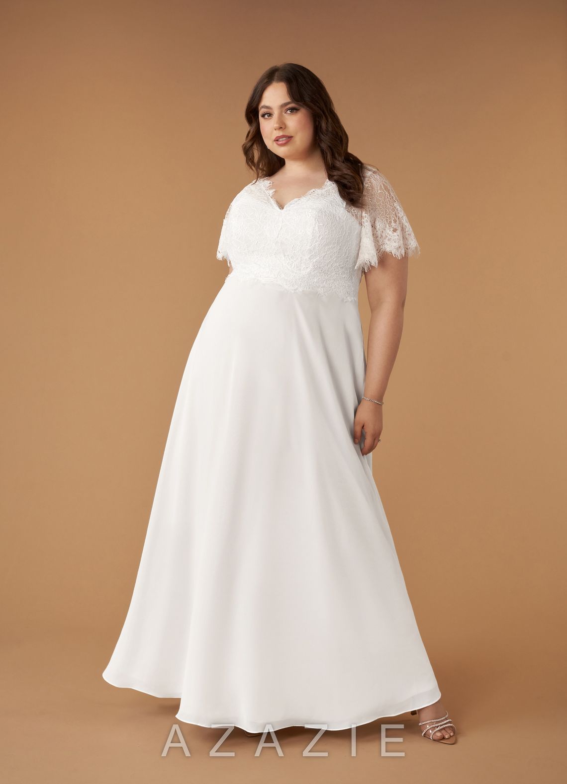 Azazie Veradis Wedding Dress Diamond White A-Line V-Neck lace Chiffon Dress diamond_white