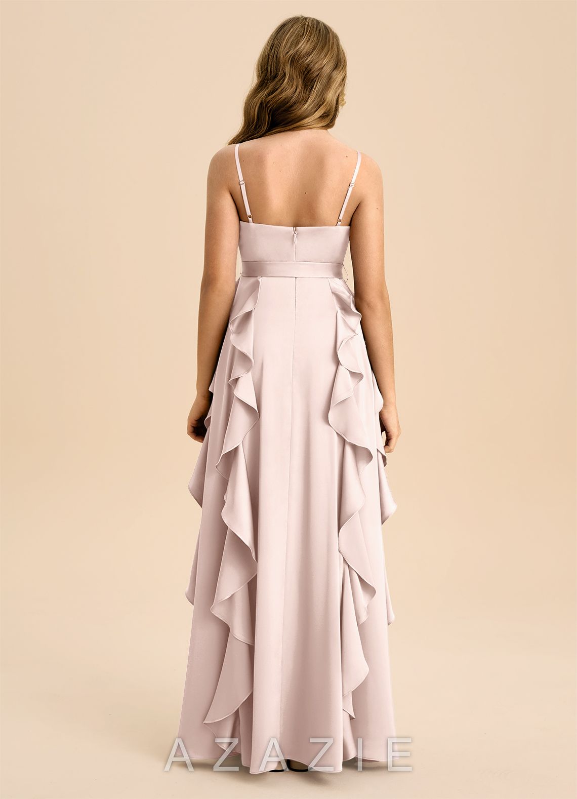 Azazie Peyton Junior Blushing Pink A-Line Pleated Stretch Satin Dress blushing_pink