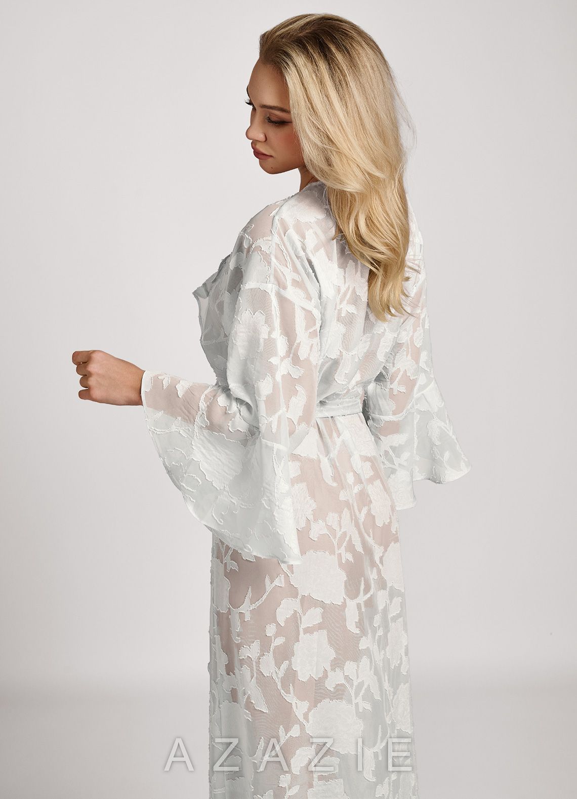 Floral Jacquard Ruffle Long Robe  white