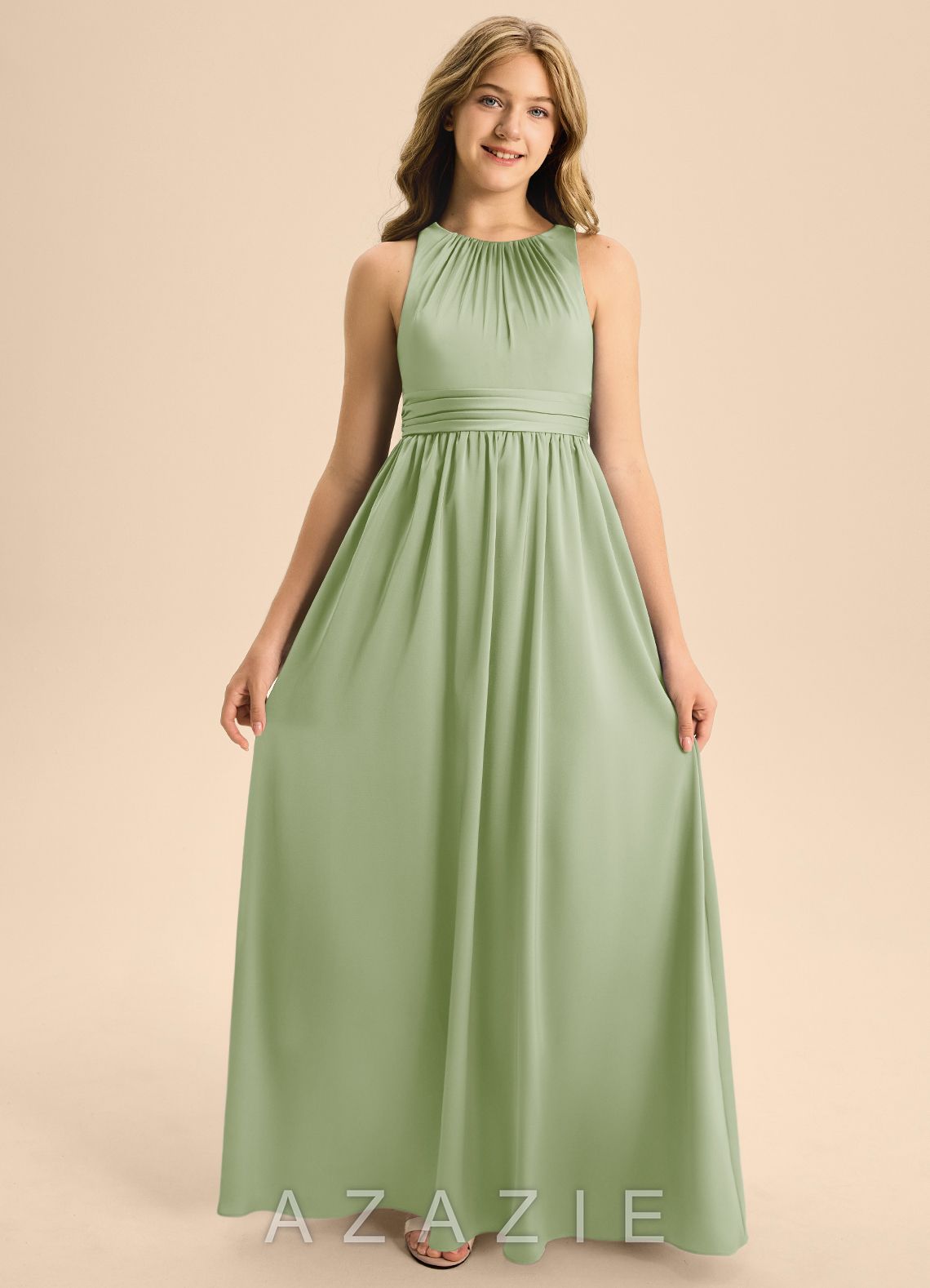 Azazie Jaylah Junior Dusty Sage A-Line Pleated Stretch Satin Dress dusty_sage