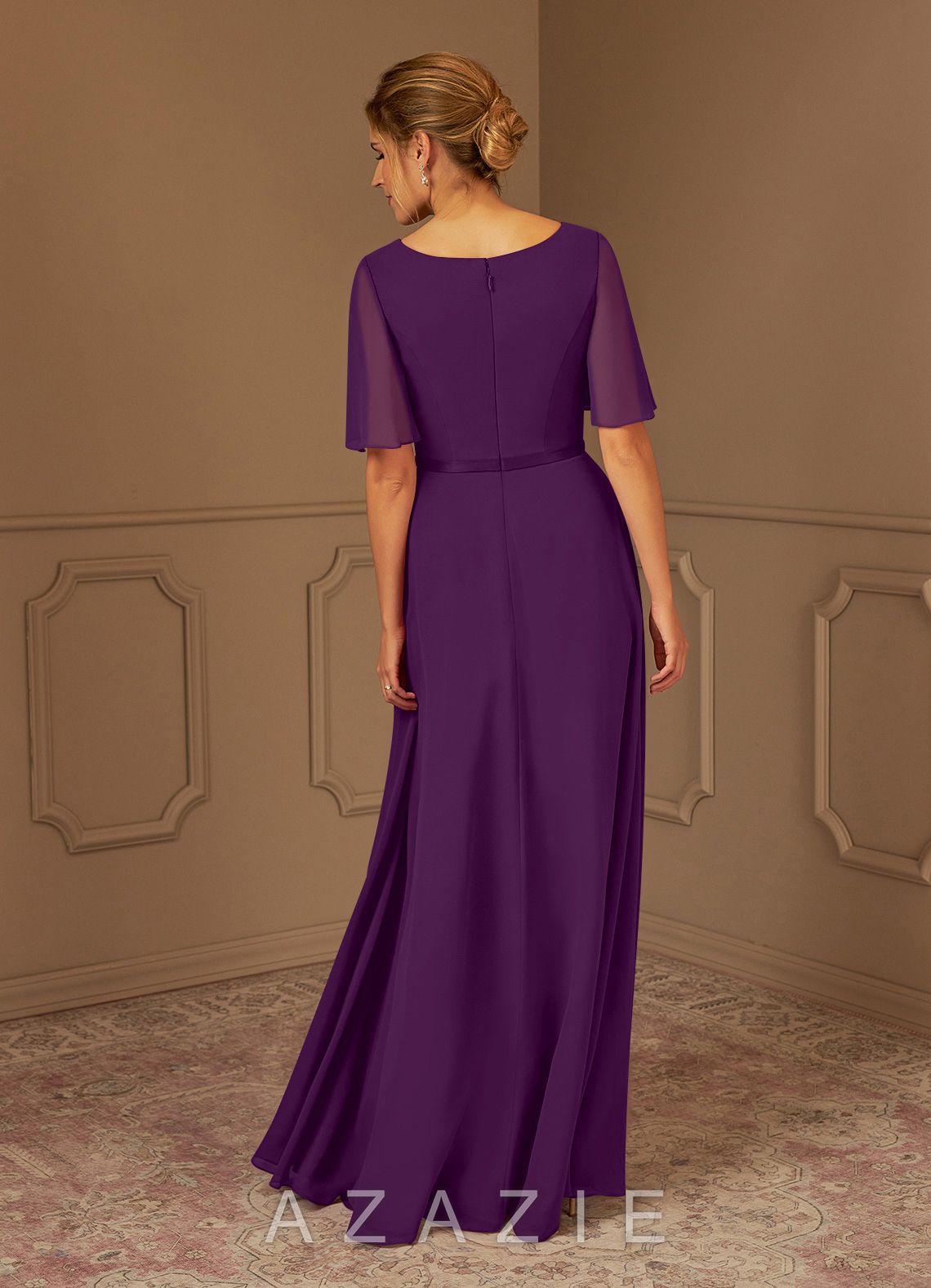 Azazie Tricia Grape A-Line V-Neck Pleated Chiffon Dress grape
