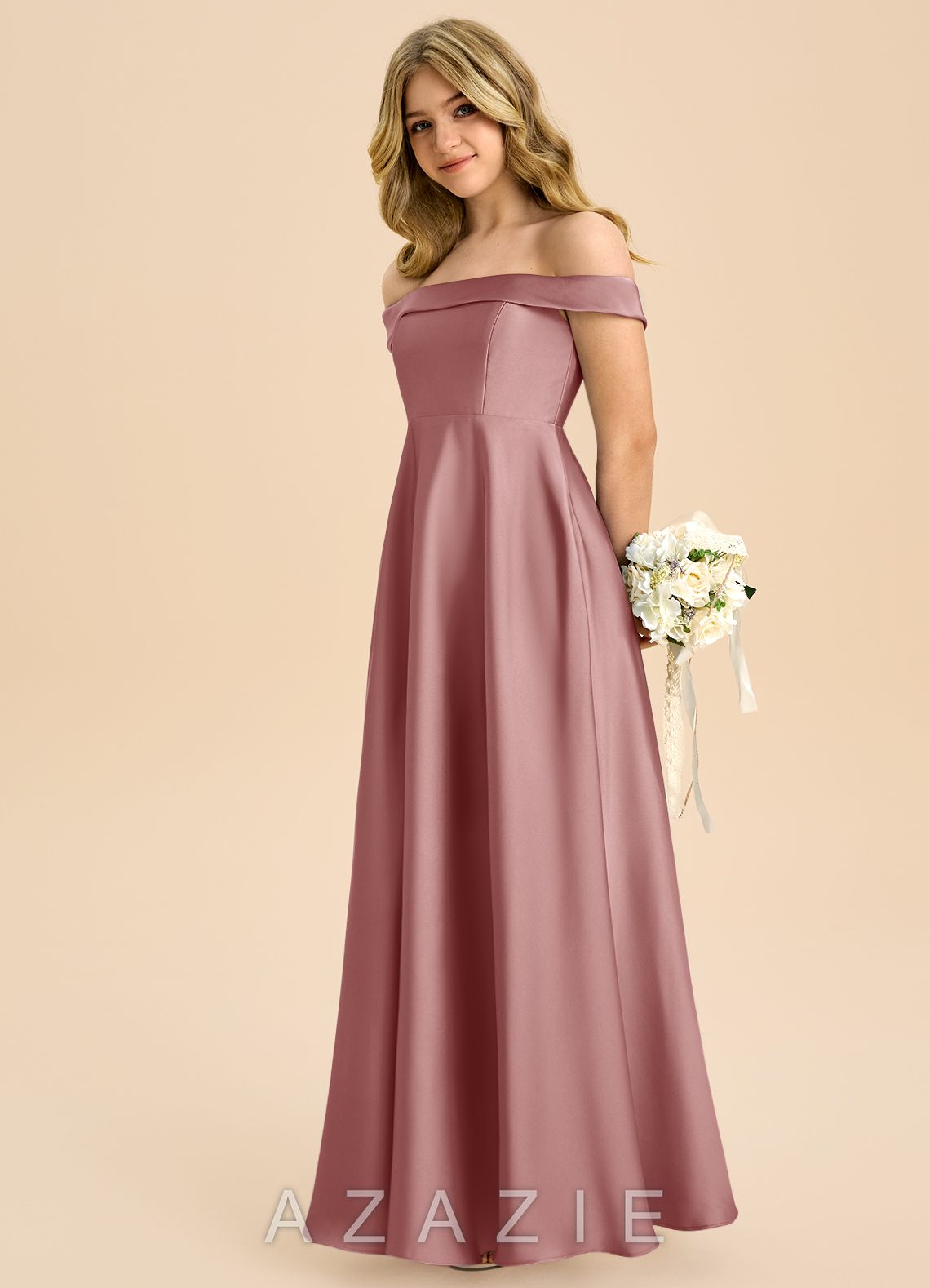 Azazie Sissy Junior Dusty Rose A-Line Off the Shoulder Stretch Satin Dress dusty_rose