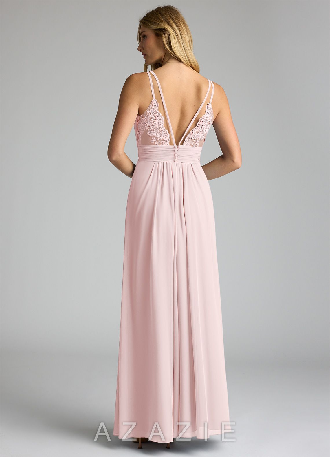 Azazie Maren Allure Blushing Pink A-Line V-Neck Lace Chiffon Dress blushing_pink