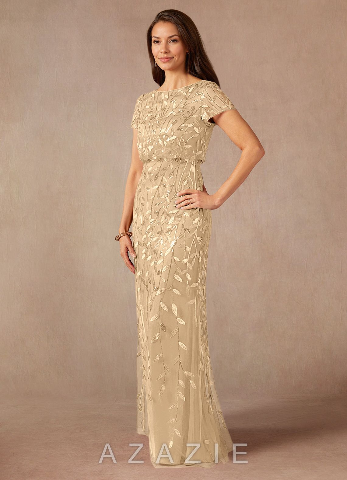 Azazie Lehi Champagne A-Line Sequins Dress champagne