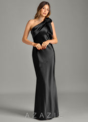 Azazie Yuanna Black Mermaid One Shoulder Metallic Satin Dress black
