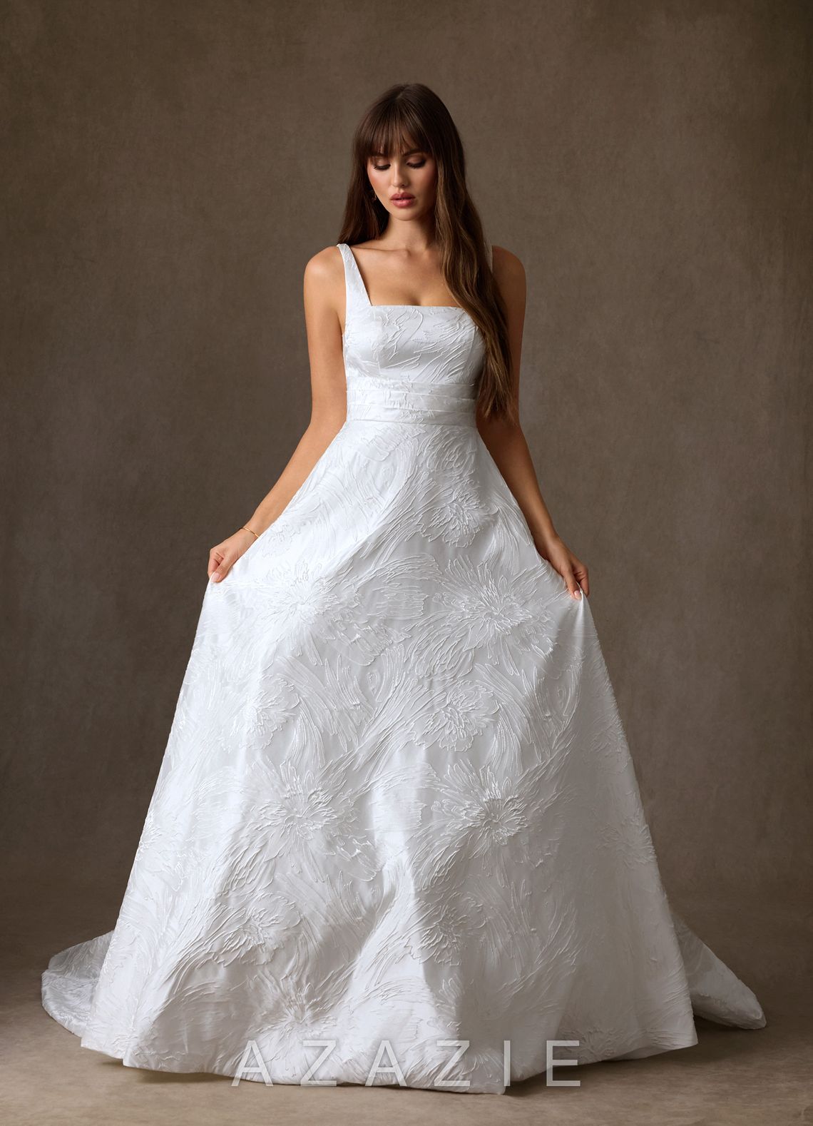 Azazie Cheyenne Diamond White A-Line with Pockets Floral Jacquard Dress diamond_white